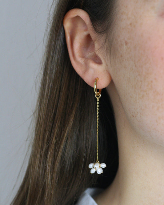 Gold earrings with floral designed freshwater pearls worn by a person against a neutral background